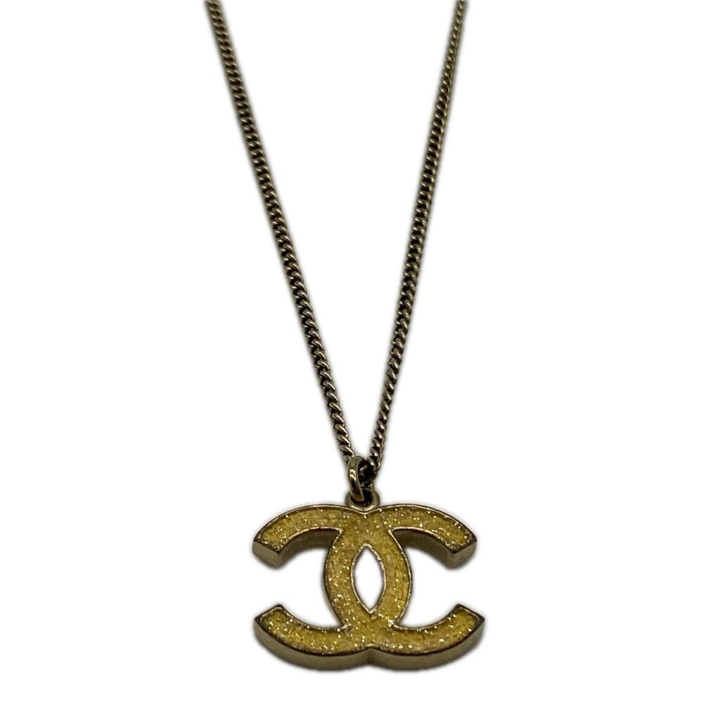 CHANEL Coco Mark Glitter Necklace, Gold GP, Women's